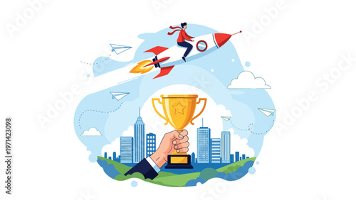 Ambitious professional riding rocket over city skyline towards golden trophy for fast business growth and winning achievement.