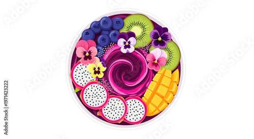 Vibrant fruit bowl with dragon fruit, mango, kiwi, and blueberries, decorated with flowers.