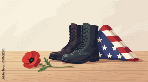Military Memorial Tribute with Combat Boots Folded Flag and Poppy