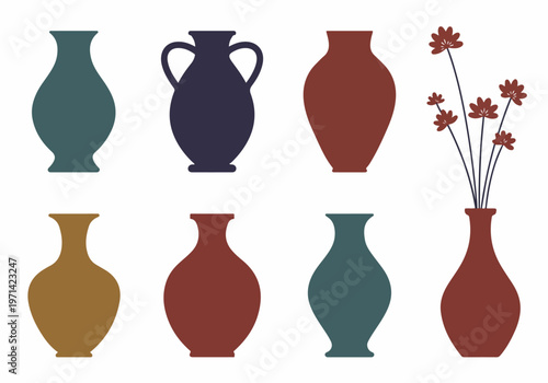 Set of minimalist ceramic vase silhouettes in various earthy colors and shapes, including one with decorative flowers on a white background.