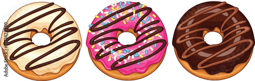 Donuts with Chocolate and Pink Glaze and Sprinkles Sweet Dessert Bakery Food Flat Vector Illustration Set