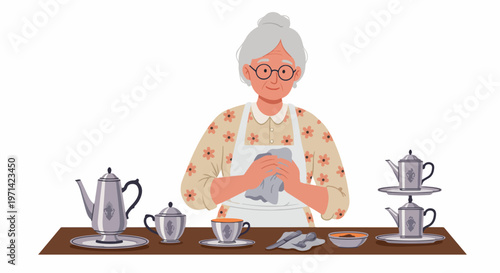 Elderly woman in an apron polishing a vintage silver tea set on a table, flat vector illustration.