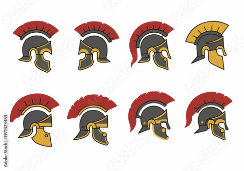 Collection of Eight Ancient Roman and Greek Warrior Helmets with Crests and Plumes, Vector Illustration Isolated on White Background