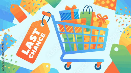Last Chance Sale Shopping Cart with Gifts Illustration
