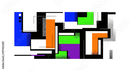 Vibrant geometric shapes create an abstract composition on a white background.