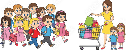 Group of Children Walking and Family Shopping with Cart in Supermarket Flat Vector Illustration Set