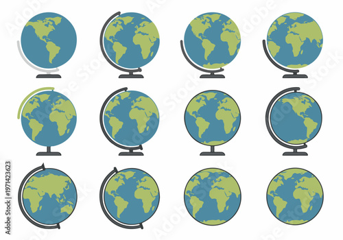 A collection of twelve diverse terrestrial globe icons in a flat vector style, showing different world map views and stand designs on white background.