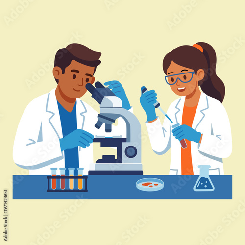 Scientists team doing medical research and experiment in laboratory flat vector. Medical technologist and researcher team working in lab.