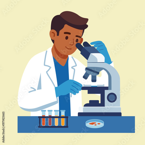 Man medical technologist doing research lab. Male scientist looking through microscope in laboratory flat vector.