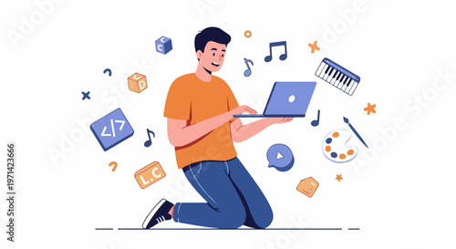 Creative young man using a laptop surrounded by icons representing music, coding, art, and digital learning, in a modern flat illustration style.