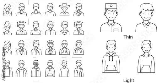 Male Avatar Line Icon Set Vector Collection with Different Professions Hairstyles and Body Types Thin and Light Characters Isolated on Transparent Background