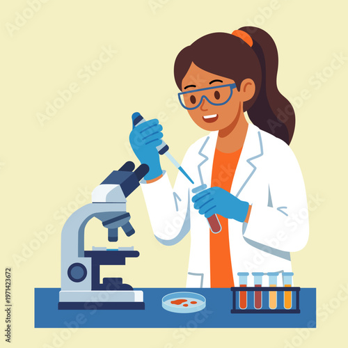 Woman medical technologist working with test tube lab experiment vector. Female scientist pipetting in laboratory.
