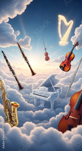 A heavenly symphony of musical instruments floating amidst clouds with a radiant sun, evoking a sense of peace and wonder