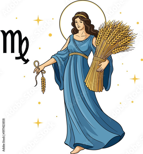 The zodiac sign Virgo is depicted as a woman holding wheat sheaves.