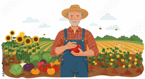 Vector illustration of a happy senior farmer holding a freshly harvested tomato in his lush vegetable garden with sunflowers and bees.