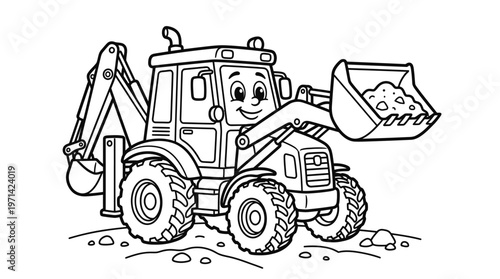 Smiling cartoon backhoe loader vehicle.