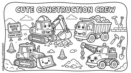 Colorful cartoon construction vehicles for kids.