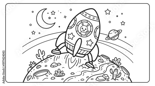 Smiling cartoon rocket ship blasting off.