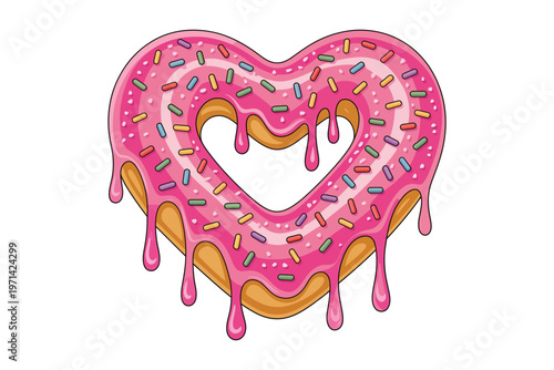 A colorful heart shaped donut with pink frosting and rainbow sprinkles featuring a dripping glaze on transparent background high-quality professional.