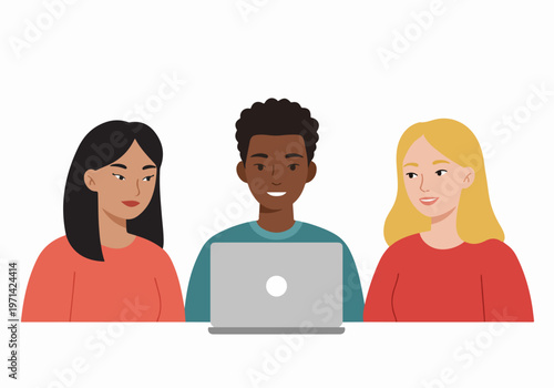 Diverse group of young people working together on a laptop, flat vector illustration of multi-ethnic students or colleagues collaborating on a project