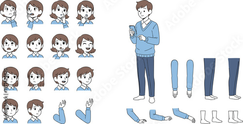 Cartoon Character Creation Kit Vector Illustration with Male Avatar Emotions Poses and Body Parts Collection for Animation Design Isolated on Transparent Background