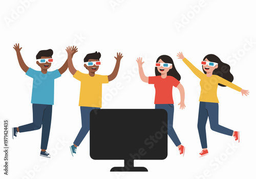Diverse group of young friends wearing 3D glasses and cheering while watching a screen at home, flat vector illustration.