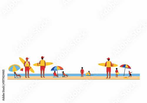 Flat illustration of a sunny beach with lifeguards, people relaxing under umbrellas, and swimmers, isolated on a white background.