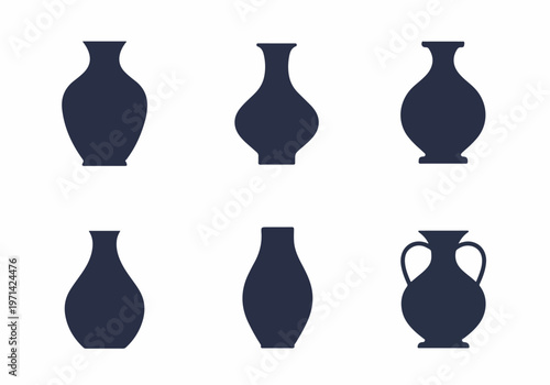 Collection of six different ceramic vase and urn silhouettes in a minimalist style, isolated on white background.