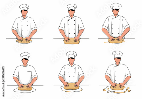 Vector illustration set of a professional chef in a white uniform kneading bread dough on a table, isolated on a white background.