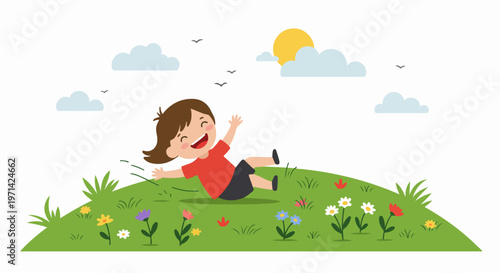 Happy little girl rolling down a grassy flower hill on a sunny day, cartoon vector illustration of childhood joy and outdoor play.