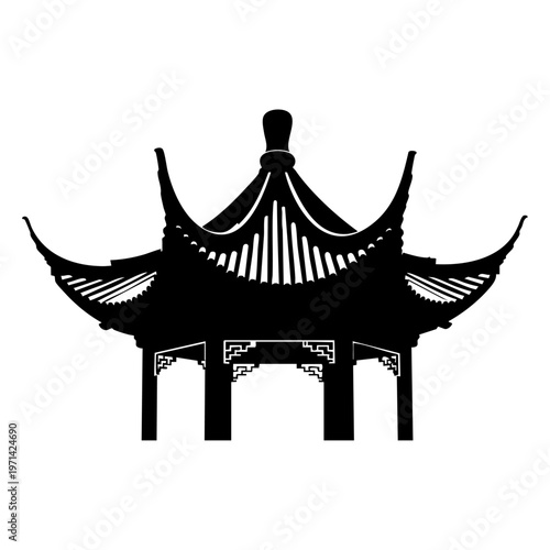 Traditional East Asian Pavilion Gazebo Silhouette Isolated On White Background