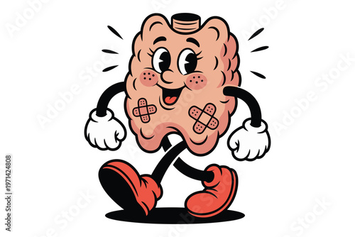 A cheerful cartoon style thyroid gland character is running and waving covered in bandages on transparent background high-quality professional detailed.