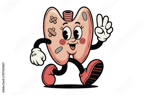 A cheerful cartoon style thyroid gland character is running and waving covered in bandages on transparent background high-quality professional detailed.