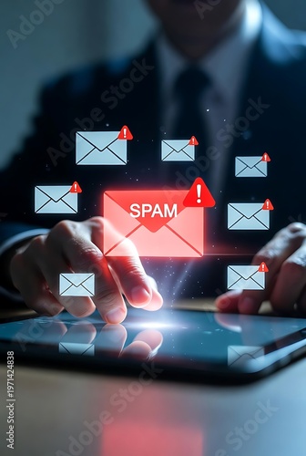 Person identifying spam email messages on digital tablet device