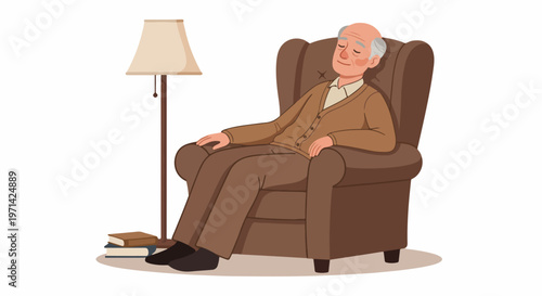 Peaceful elderly man taking a nap in a comfortable brown armchair next to a floor lamp and books, cartoon illustration on white background.