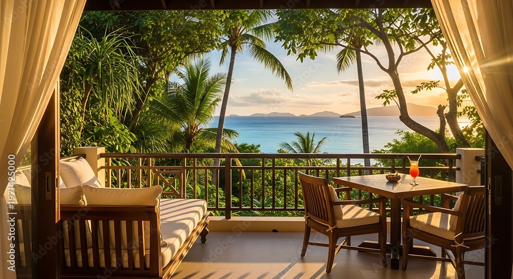 Fototapeta premium Luxurious balcony overlooking a tropical ocean sunset with palm trees, a comfortable sofa, and a table set for relaxation.