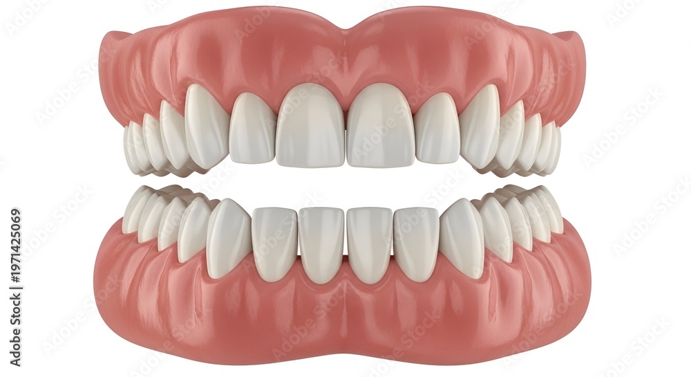Obraz premium Denture model with white teeth on pink gums isolated on white background
