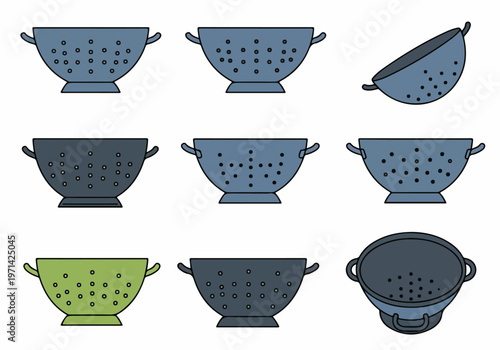 Set of various kitchen colander illustrations in different colors and perspectives, isolated on a white background.