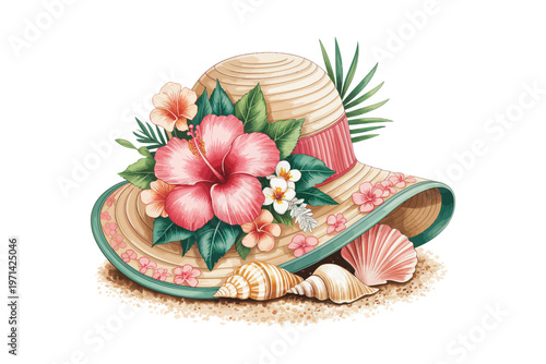 A beautifully illustrated straw sunhat adorned with vibrant hibiscus flowers lush greenery and seashells on transparent background high-quality professional detailed.