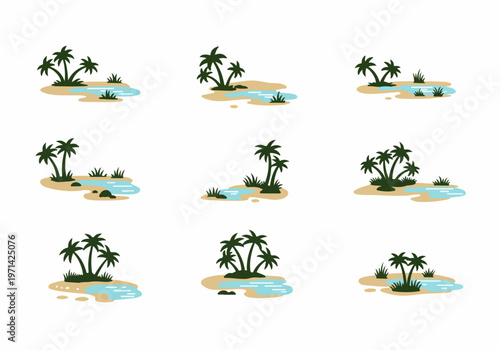 Collection of nine minimalist tropical oasis flat vector illustrations with palm tree silhouettes, sand banks, and blue water pools on white background.
