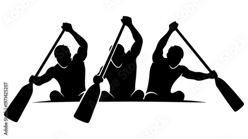 Silhouette of three rowers paddling team dragon boat racing competition
