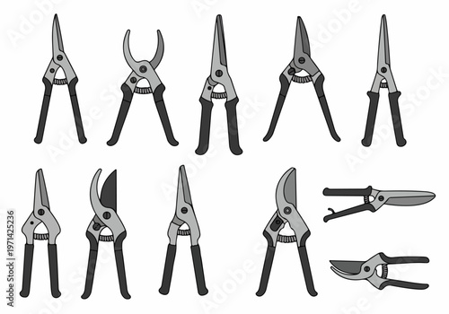 Vector Illustration Set of Various Professional Garden Pruners and Shears Isolated on White Background