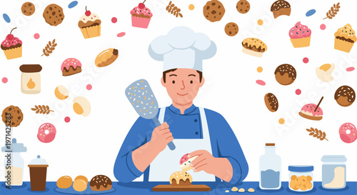 Bild auf Leinwand Cheerful Professional Pastry Chef Decorating a Cake Surrounded by Floating Sweet