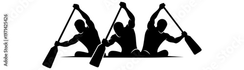 Three person rowing team silhouette paddling canoe sport action graphic