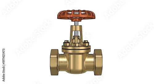 Brass Gate Valve with Red Handle on White Background
