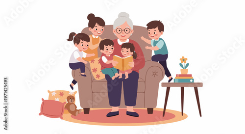 Happy Grandmother Reading a Storybook to Her Five Young Grandchildren in a Cozy Armchair Illustration