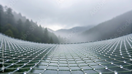 Fog harvesting net water droplet metal mesh misty forest mountain landscape overcast weather environmental technology sustainable water collection