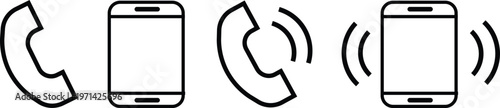 Ringing phone icon set. Call and contact symbols. Smart phone symbols. Alert sign. Communication sign. Incoming call and mobile design