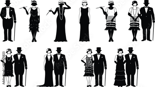 Roaring twenties fashion silhouette set with flapper women and elegant gentlemen, vintage 1920s party characters isolated on white background vector