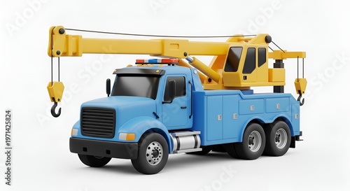 blue toy truck with yellow crane and hook